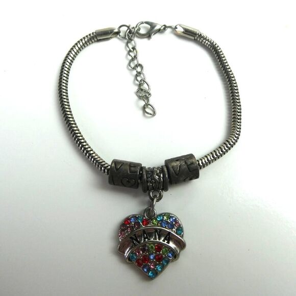 Nana Grandma Grandmother Love Heart Charm Beaded Silver Tone Bracelet Rainbow - Picture 2 of 6